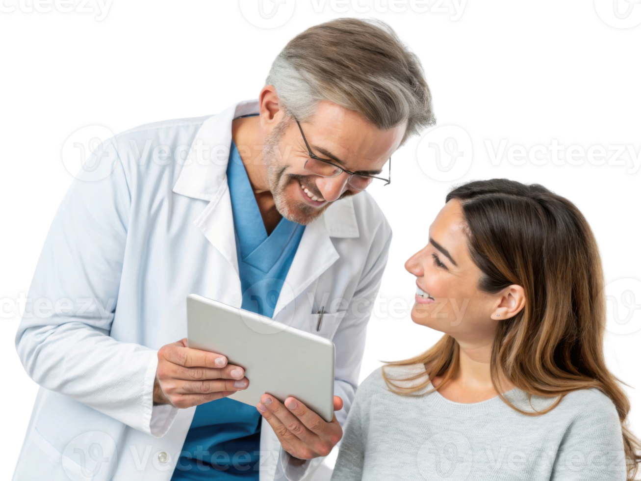 Doctor and patient discussing health information with tablet, smiling png