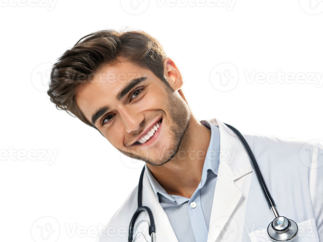 Smiling male doctor in white coat with stethoscope, conveying professionalism and care png