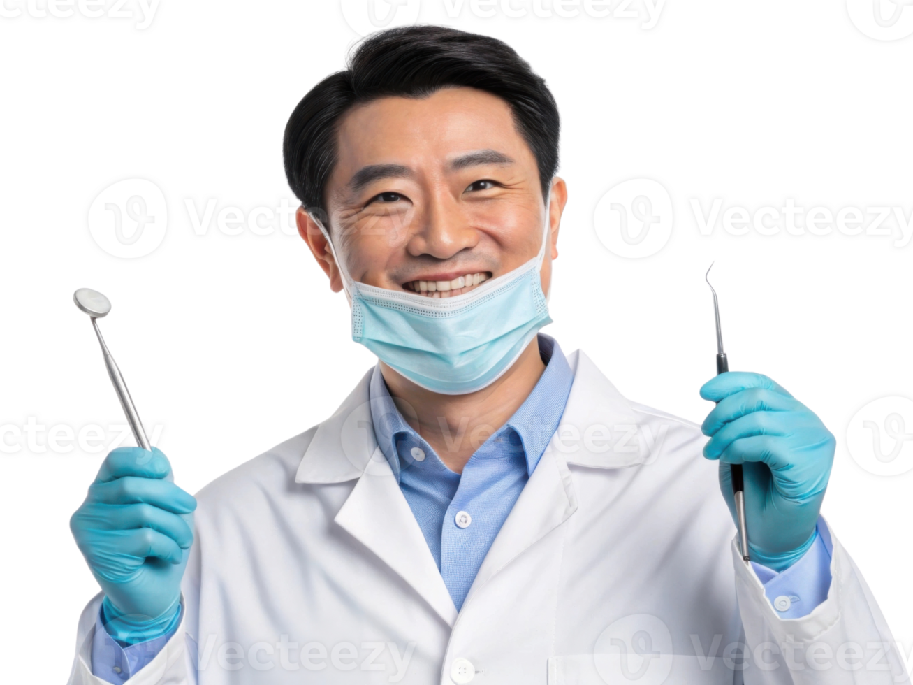 smiling dentist holding dental tools, wearing mask and gloves png