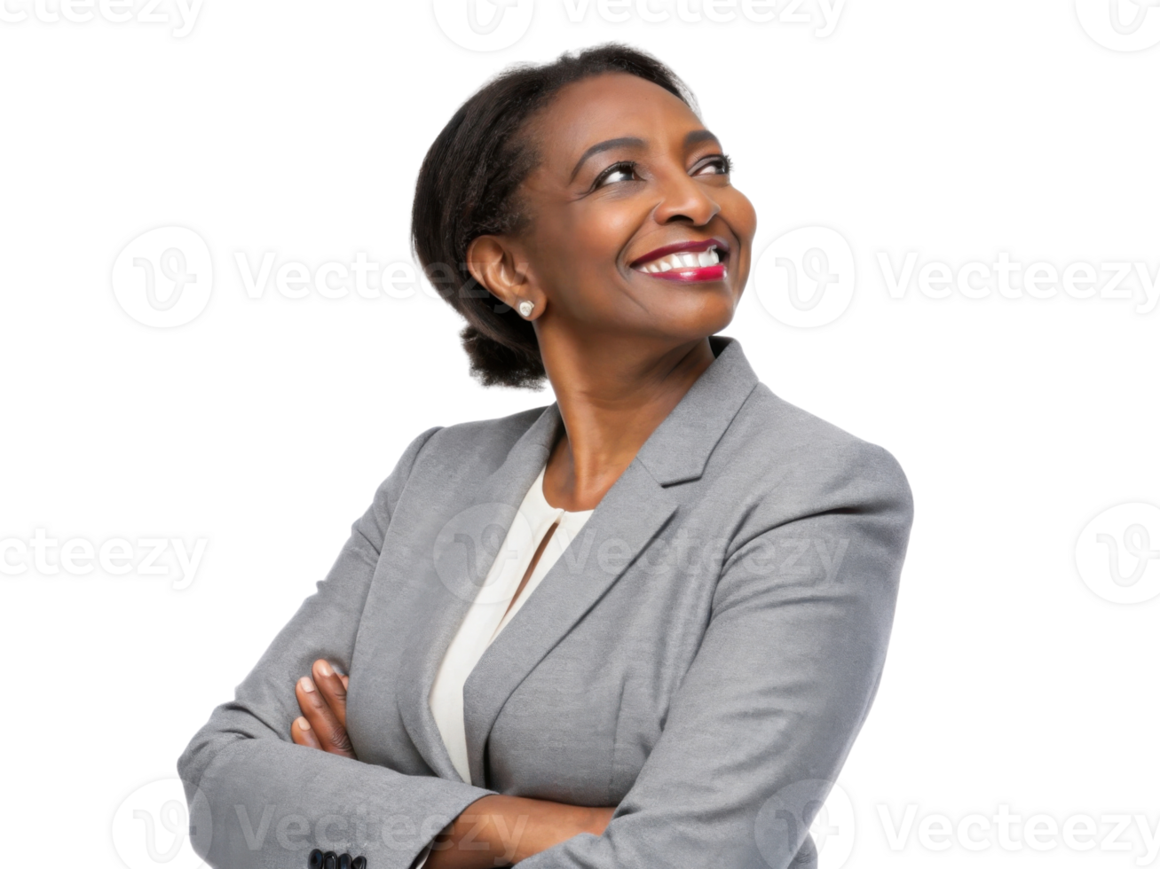 Confident woman in gray suit smiling with arms crossed, exuding positivity and professionalism png