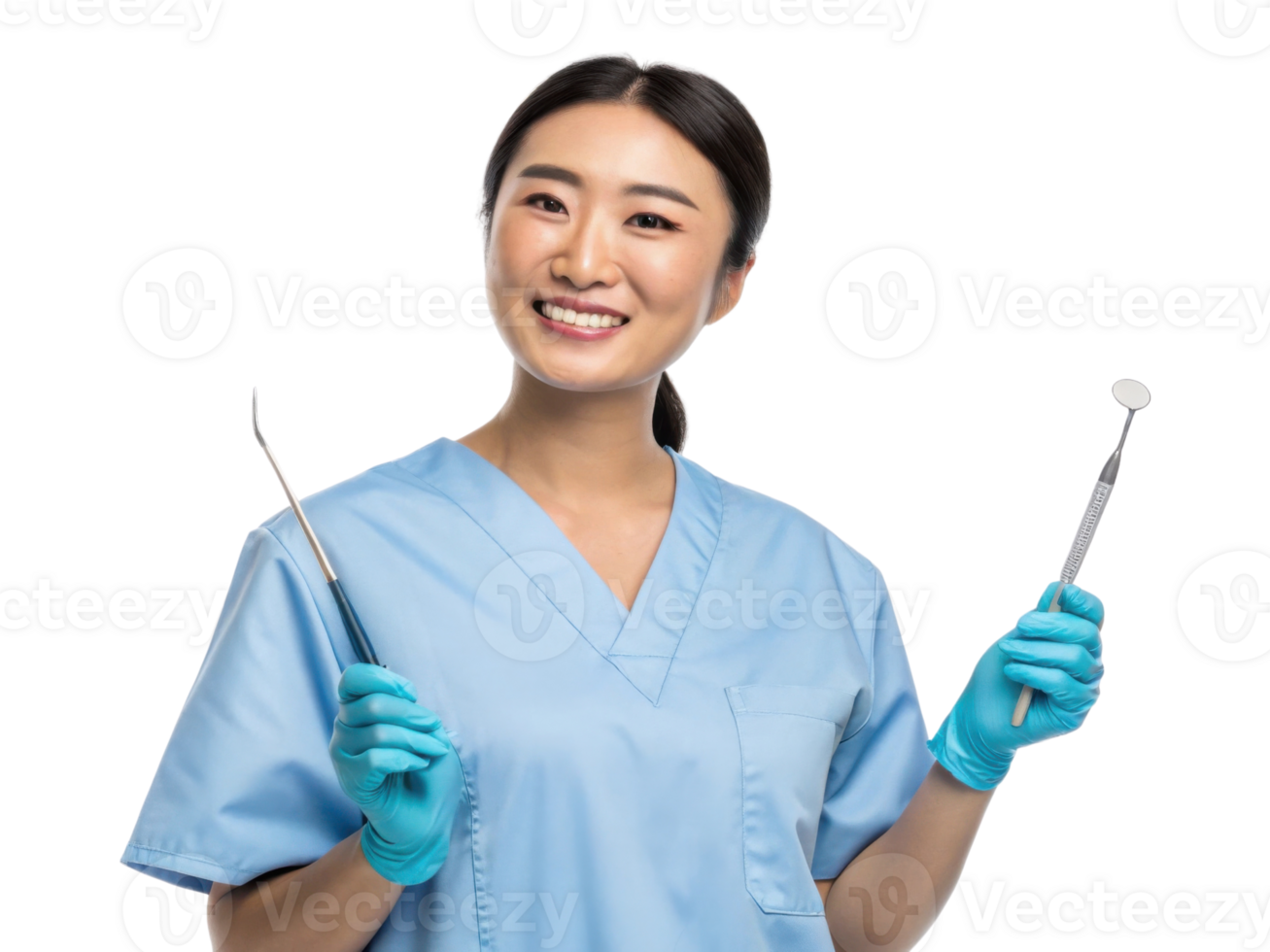 smiling dental professional in blue scrubs holds dental tools, showcasing friendly demeanor png