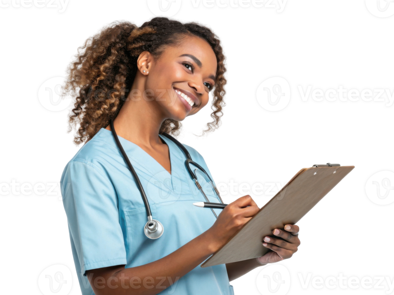 smiling healthcare professional writing notes on clipboard png