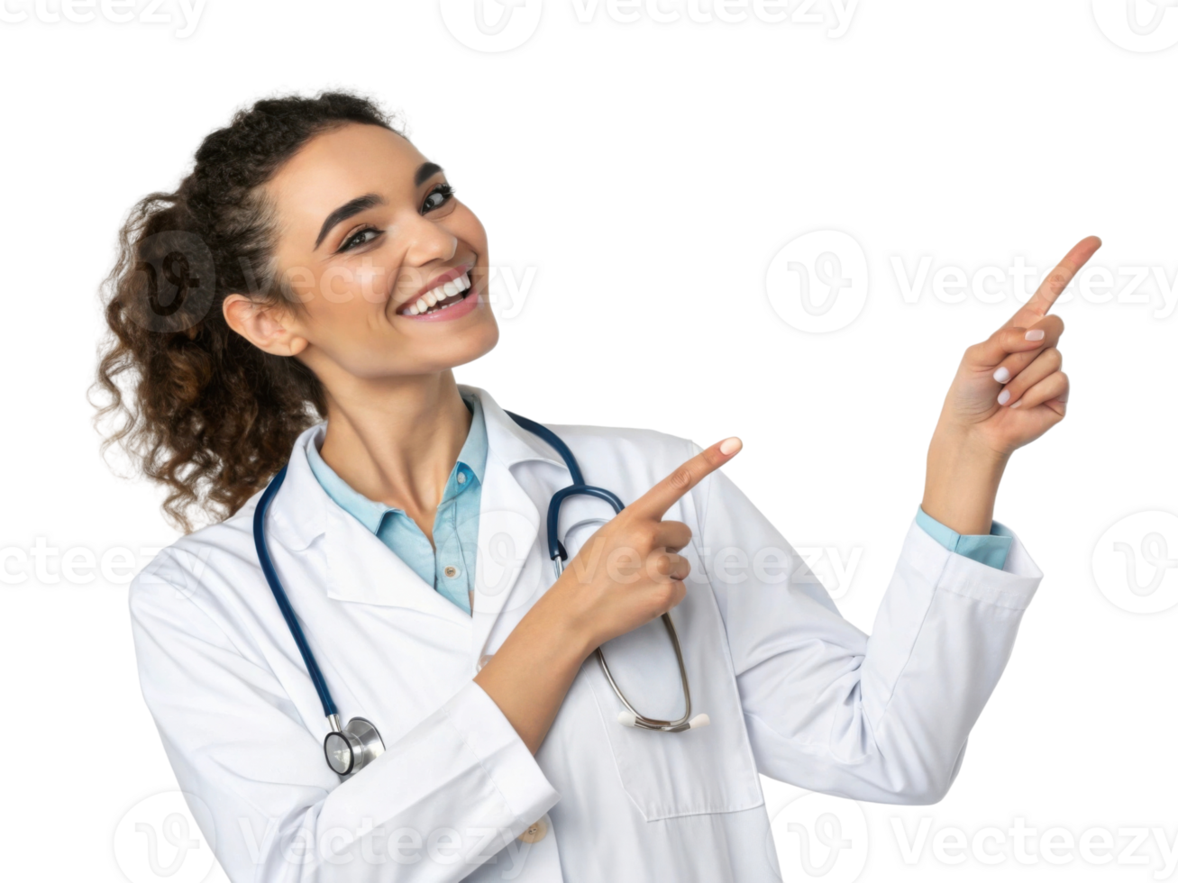 smiling female doctor in white coat pointing with both hands, conveying positivity and professionalism png