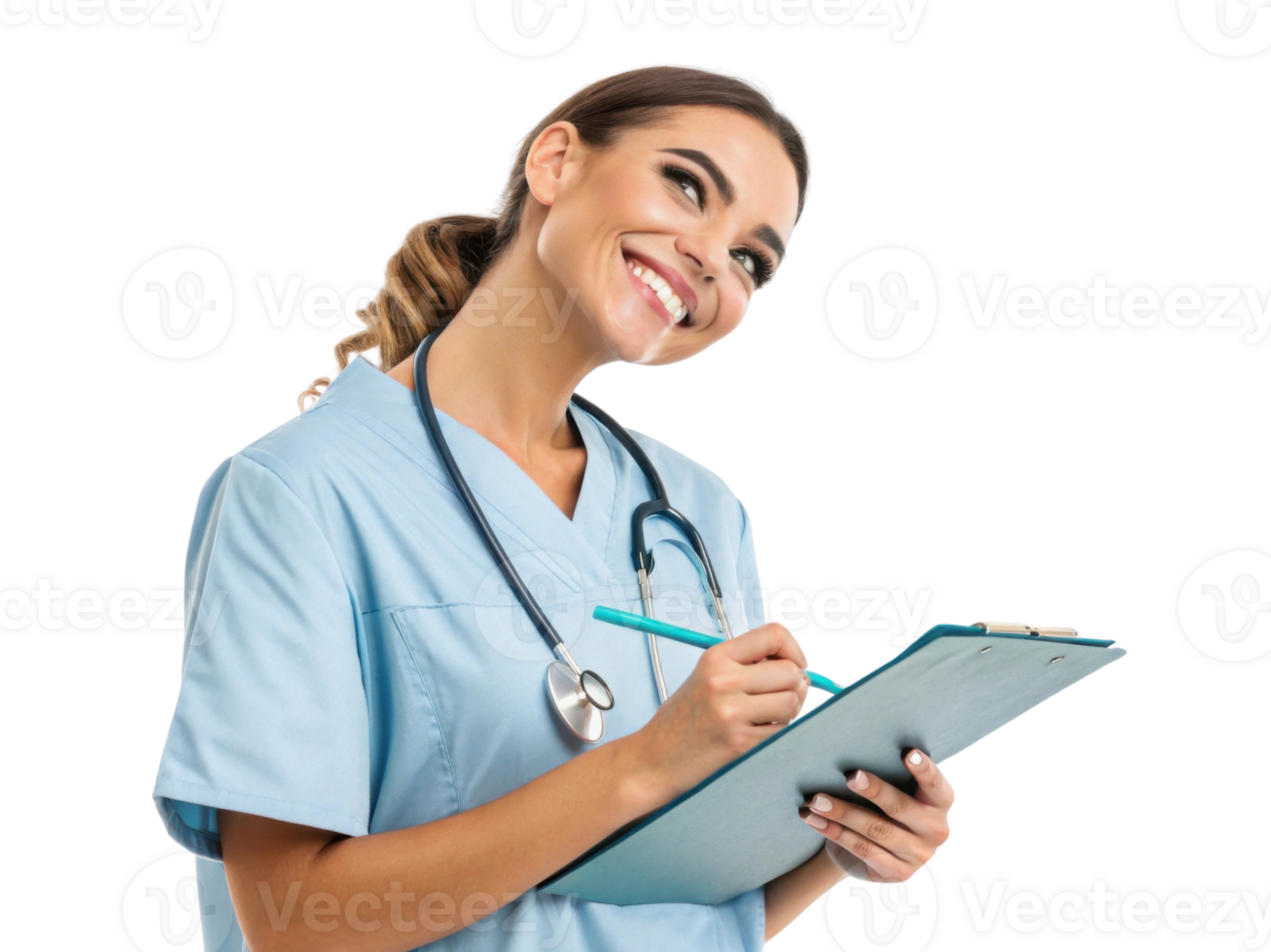 smiling healthcare professional in scrubs holding clipboard and pen, ready to assist png