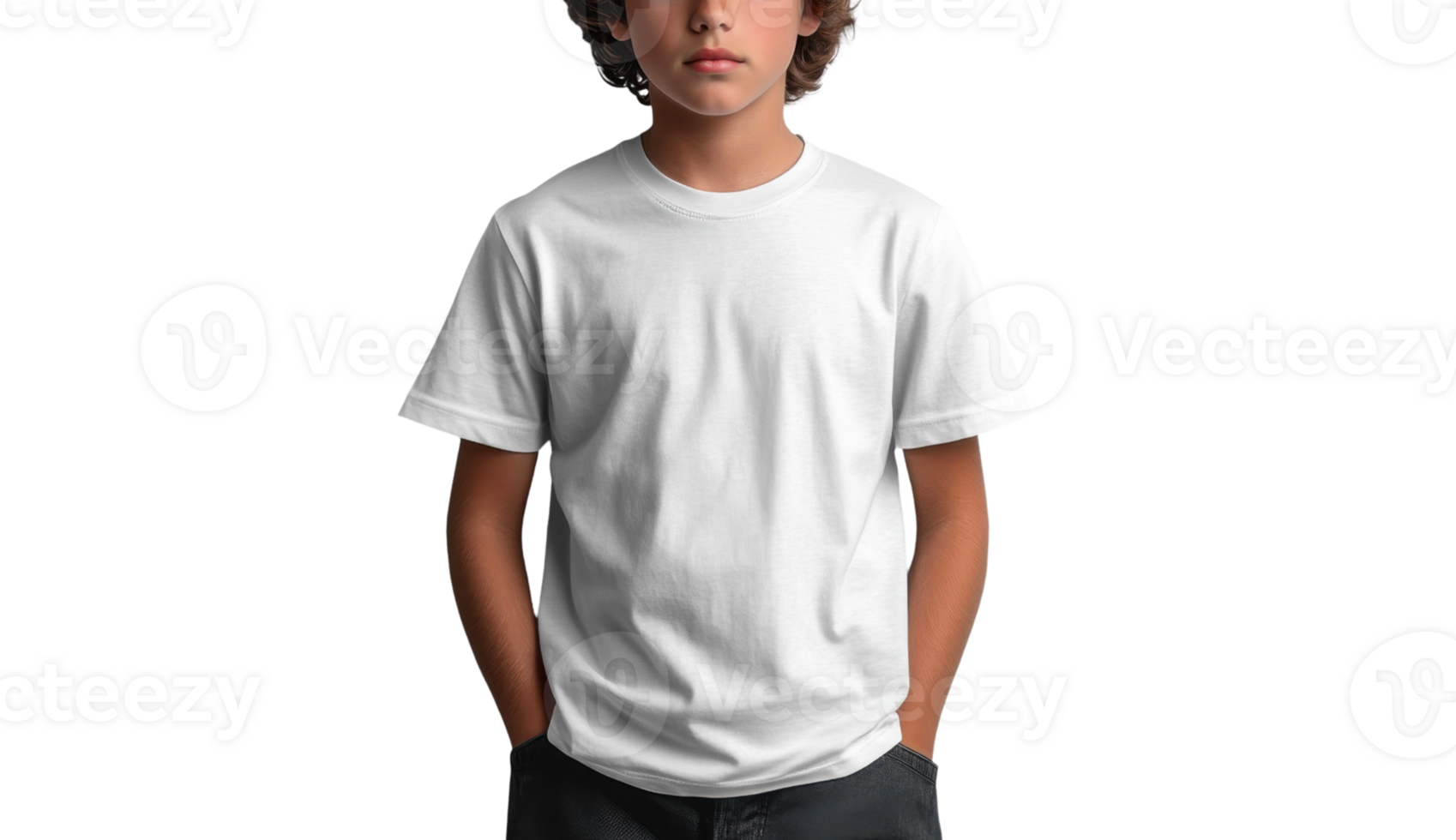child wearing plain white t shirt with hands in pockets, looking casual and relaxed png