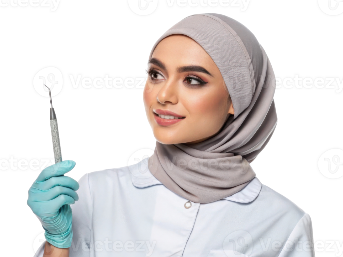 woman in hijab holds dental tool, smiling confidently in professional setting png