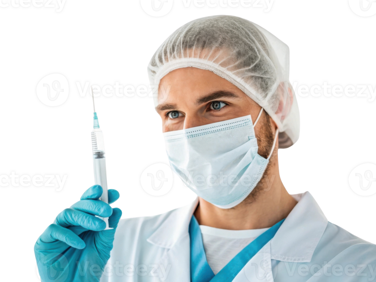 Healthcare professional holding syringe, wearing gloves and mask png