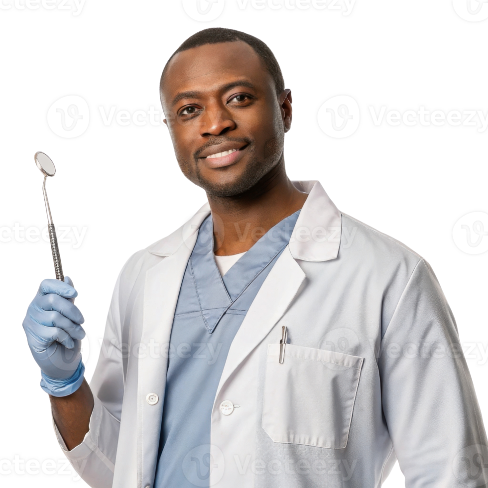 confident dentist holding dental tool, wearing lab coat and gloves. png