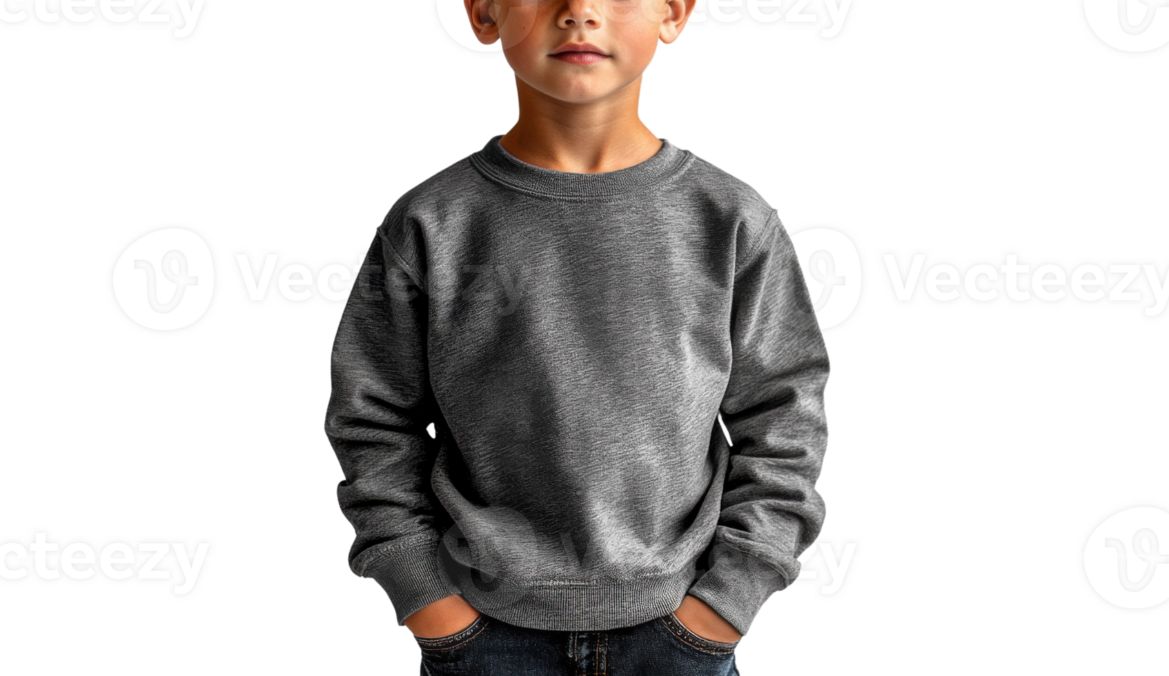 child wearing gray sweatshirt with hands in pockets, looking confident png