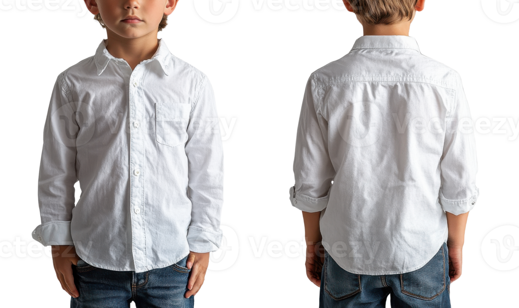 young boy wearing white button up shirt, front and back view, with denim jeans png