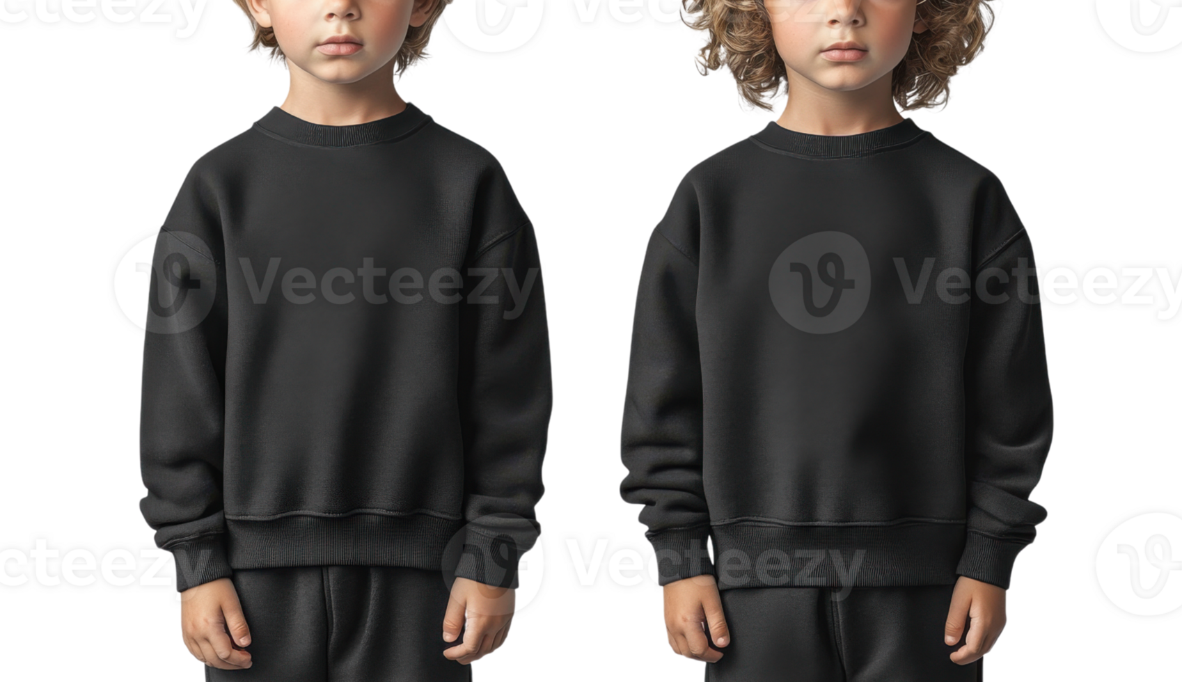 Two children wearing black sweatshirts, standing side by side, looking serious and thoughtful png