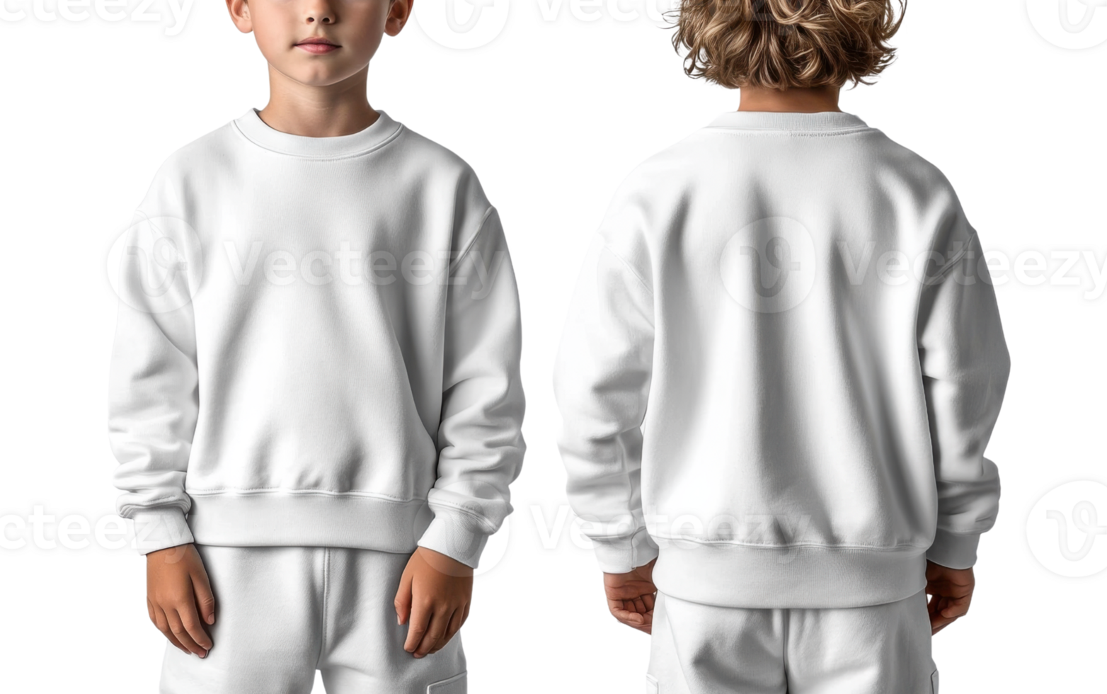 child wearing plain white sweatshirt, front and back view, showcasing simple design png