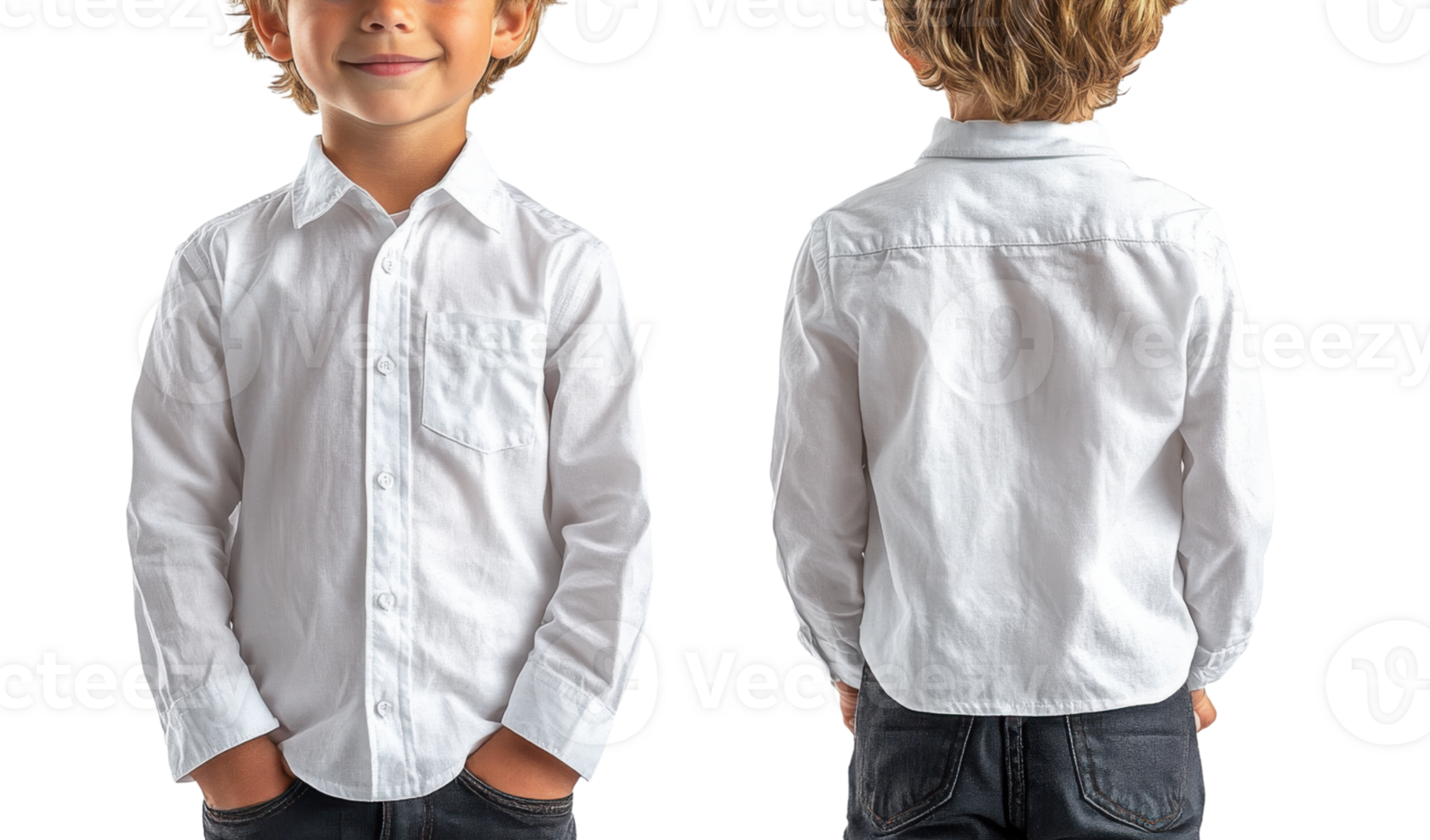 smiling boy wearing white button up shirt, showcasing front and back views png