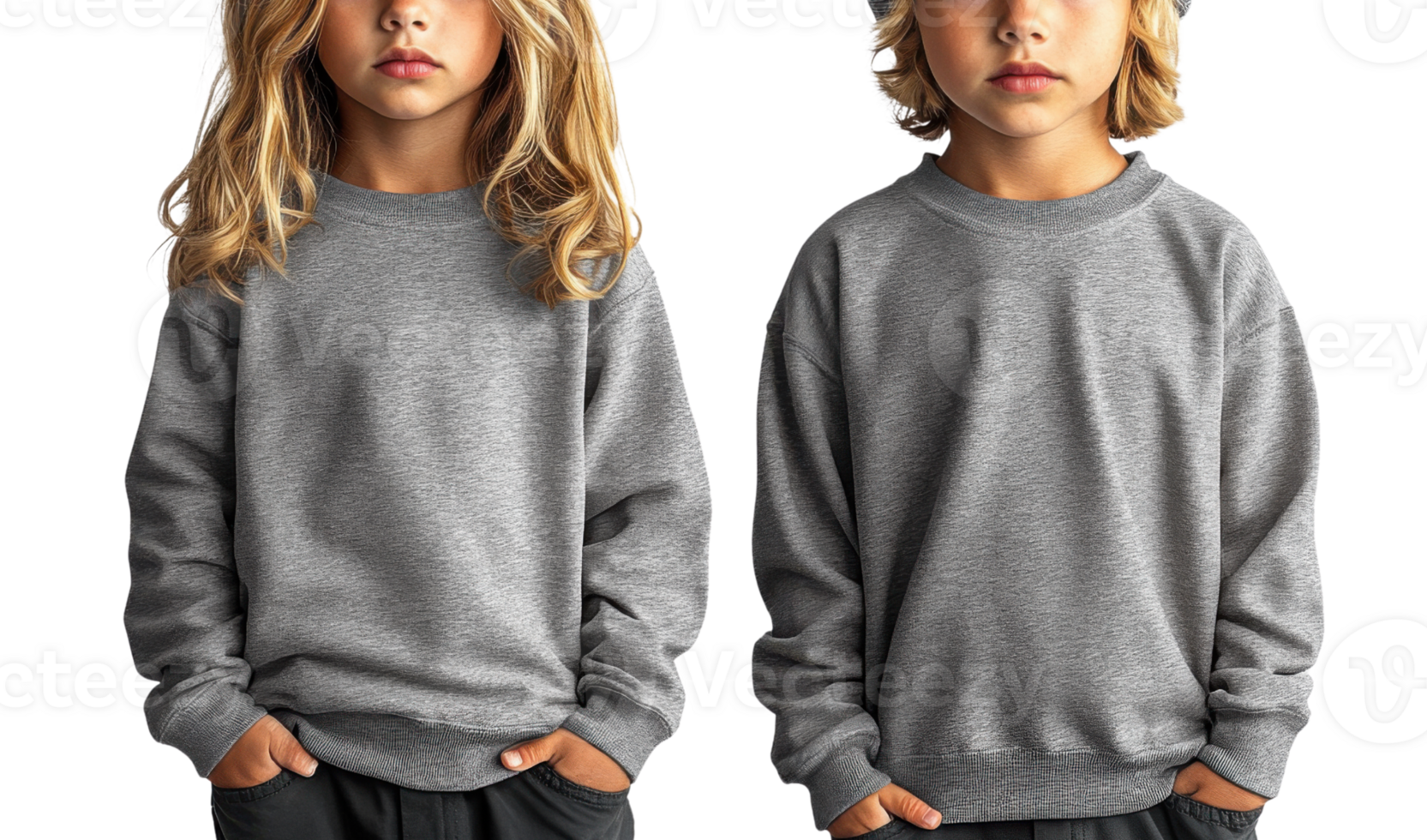 child wearing gray sweatshirt with long hair, standing confidently png