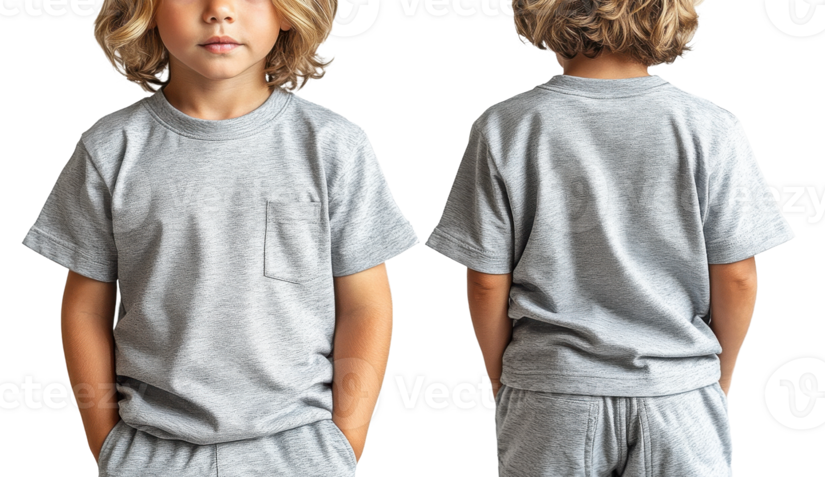 child wearing gray t shirt and shorts, showcasing casual style. front and back views highlight simple design and comfort png