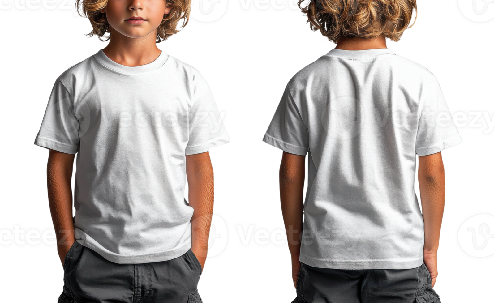 child wearing plain white t shirt, showcasing both front and back views, with hands in pockets png
