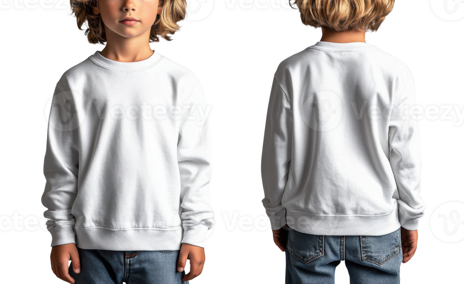 child wearing plain white sweatshirt, front and back view, with casual jeans png
