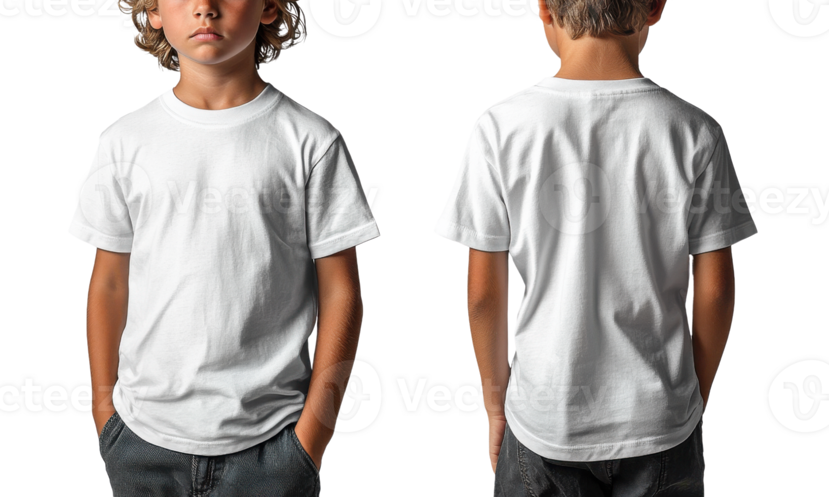 child wearing plain white t shirt, front and back view, with hands in pockets png