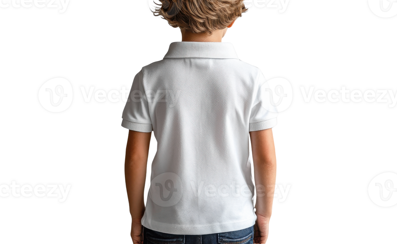 child wearing white polo shirt, viewed from back, stands confidently png