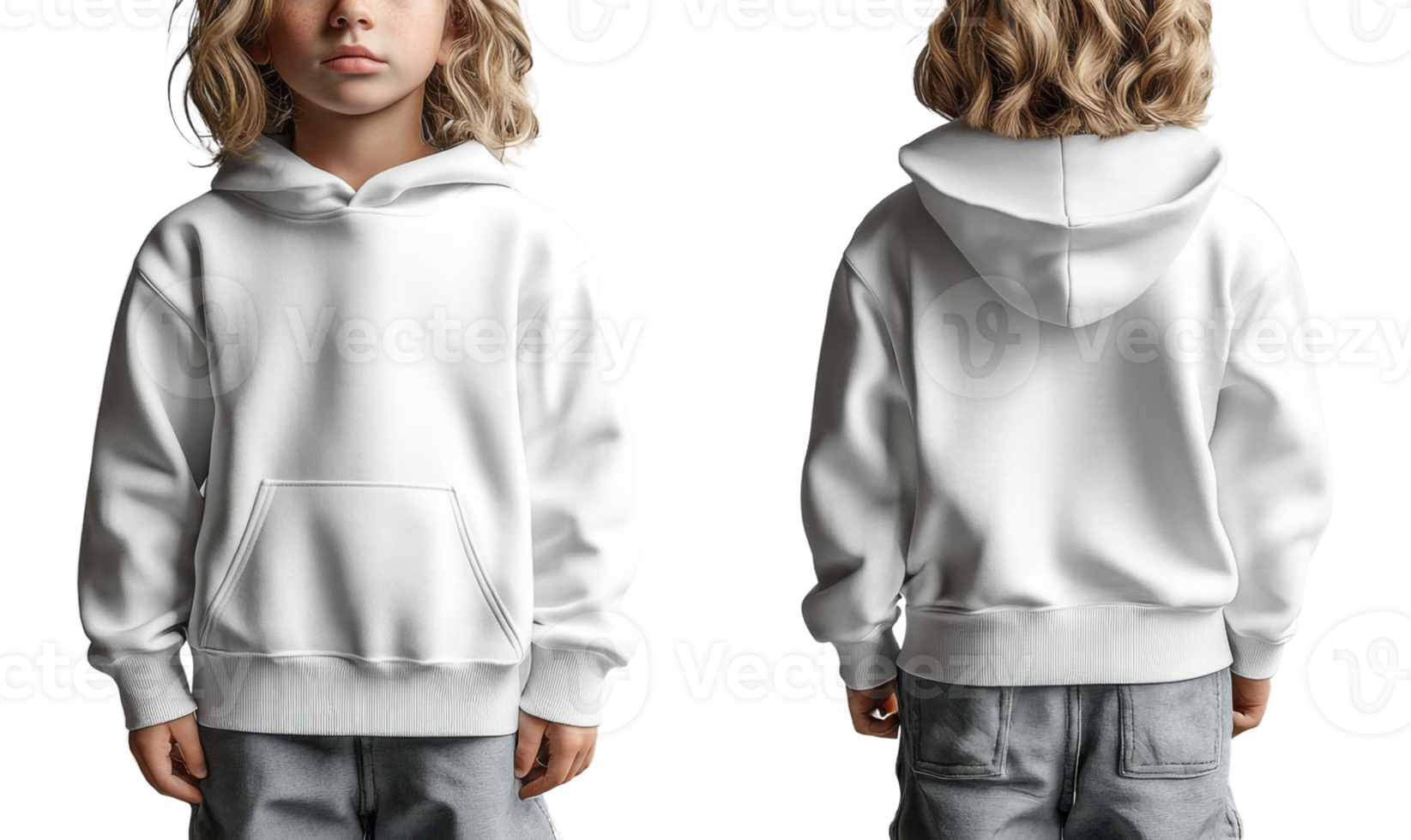 child wearing plain white hoodie, front and back view, with casual style png