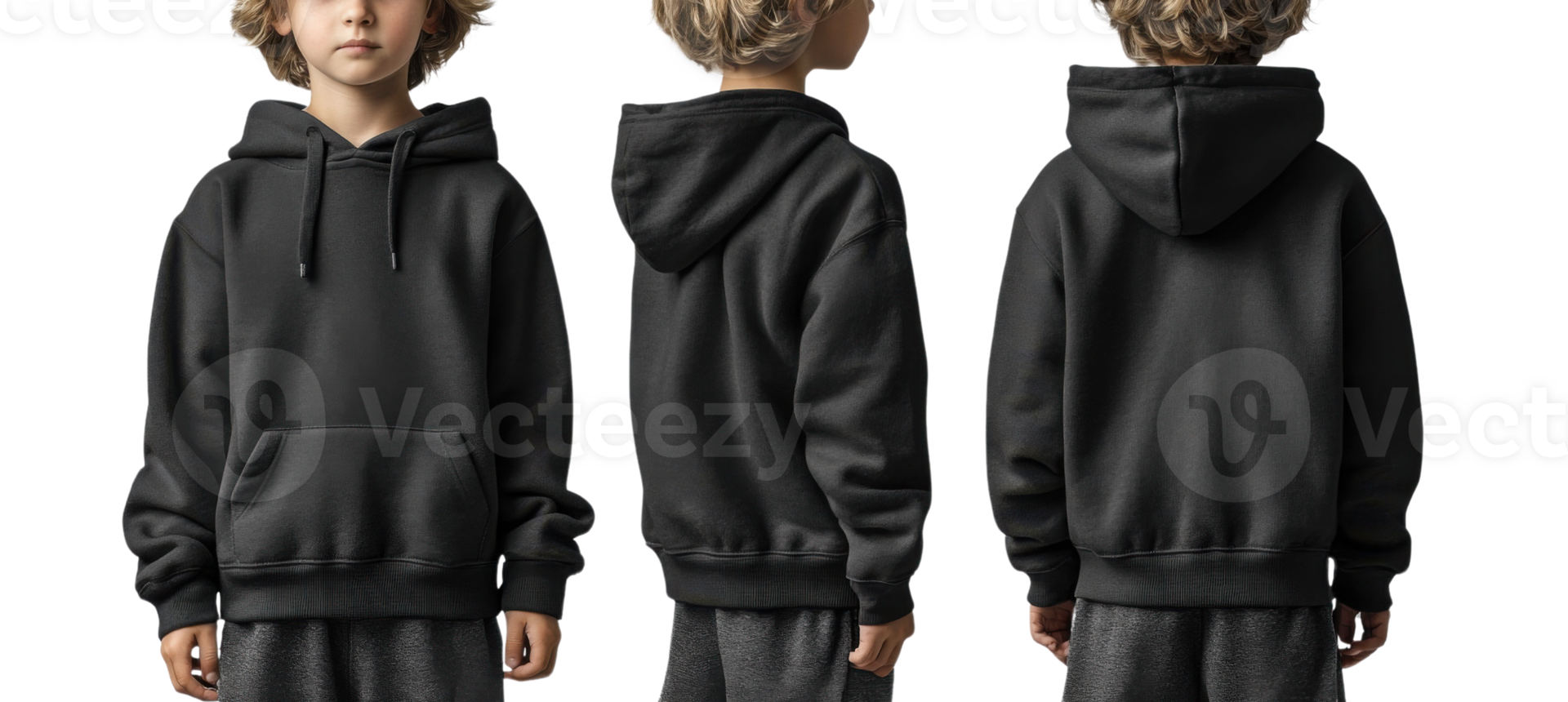 stylish black hoodie worn by child, showcasing front, side, and back views png