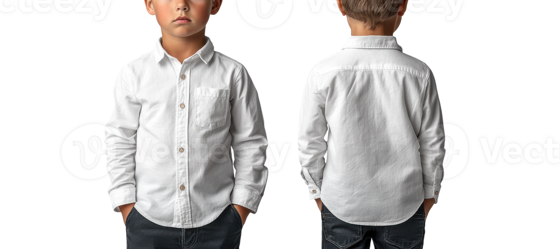 Little boy wearing white button up shirt, front and back view, with hands in pockets . png