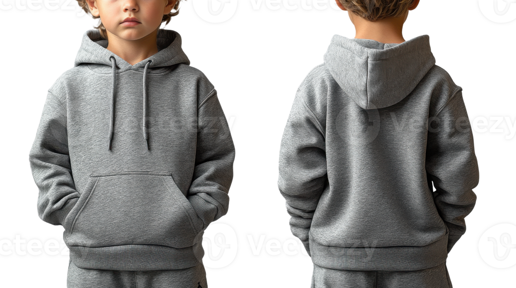 child wearing gray hoodie, front and back view, showcasing casual style and comfort png
