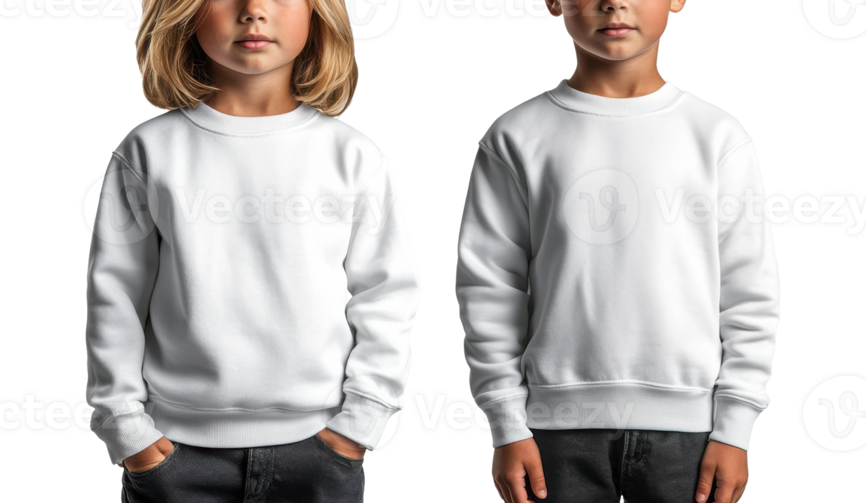 White sweatshirt on children, casual wear, front view, plain design, unisex style, comfortable clothing png