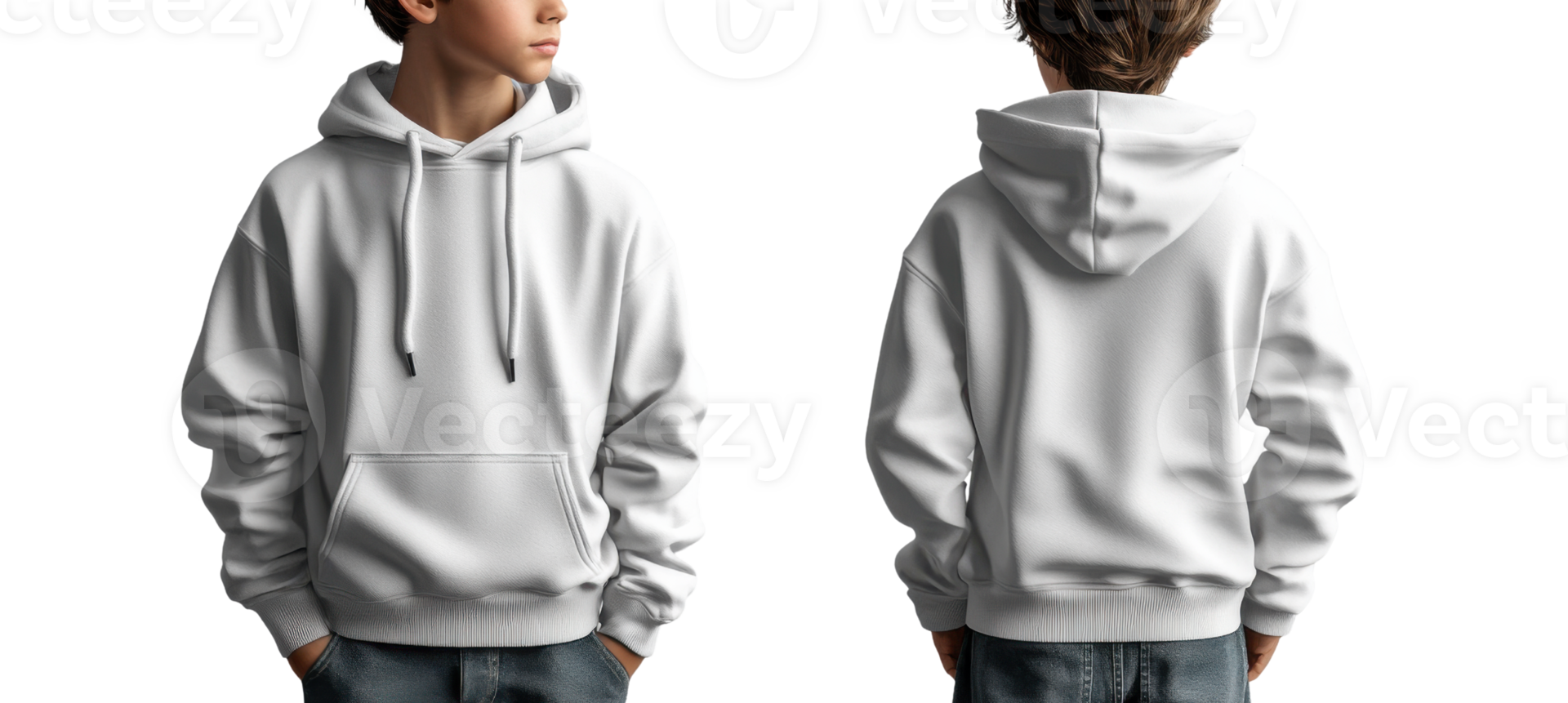 young person wearing white hoodie, showcasing both front and back views png