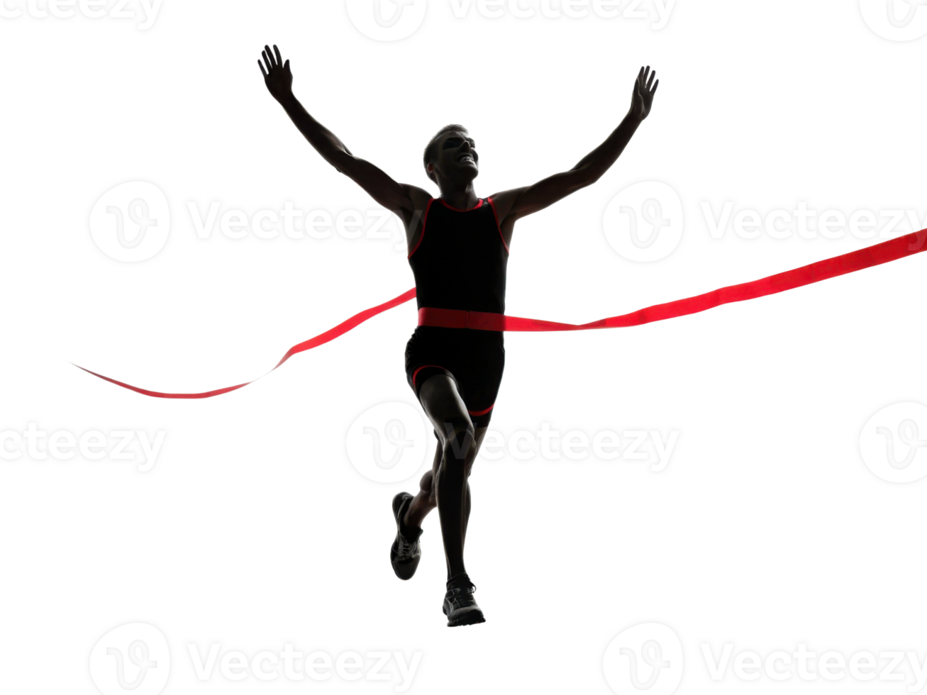 A Runner crossing finish line with arms raised in victory, celebrating success png