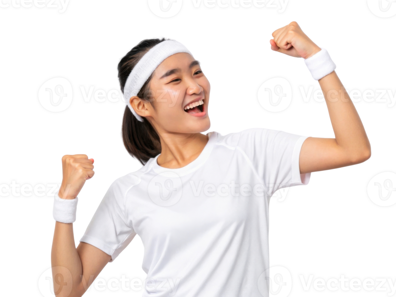 Cheerful young woman celebrating victory in sports attire, showing excitement and energy png