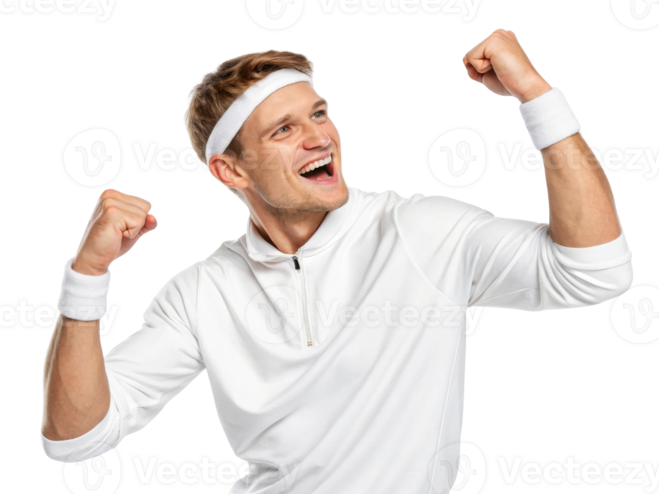 joyful man celebrating sports victory, wearing white athletic outfit and headband png