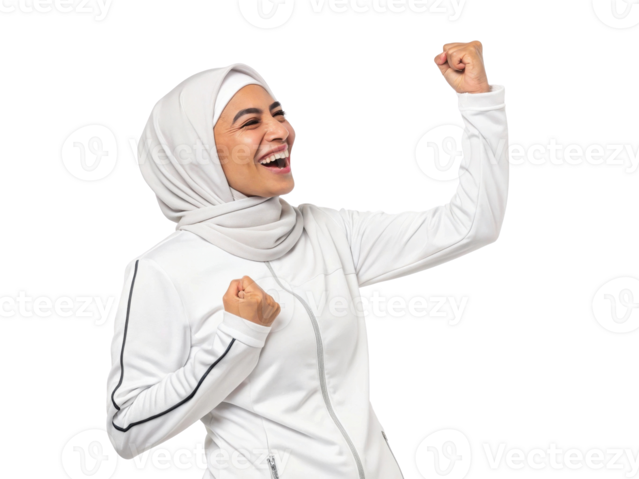 joyful woman in white jacket and hijab celebrating success with raised fists png