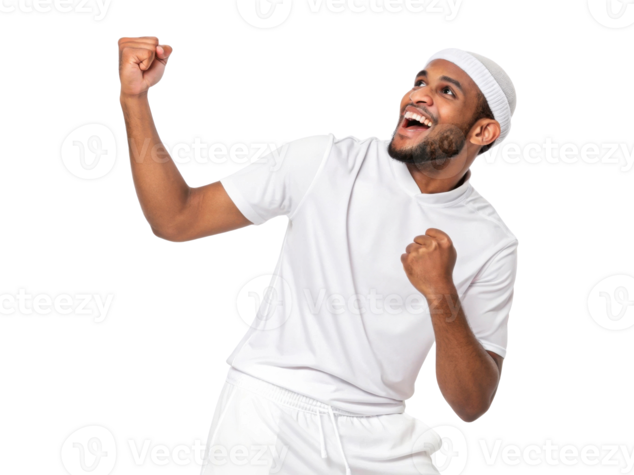 Excited man celebrating success with joyful expression and raised fists png