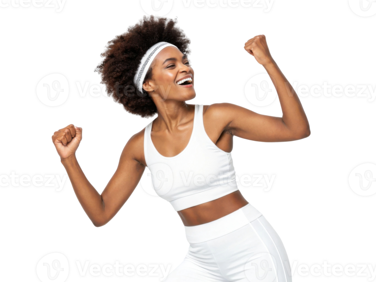 Joyful woman celebrating fitness success in activewear png