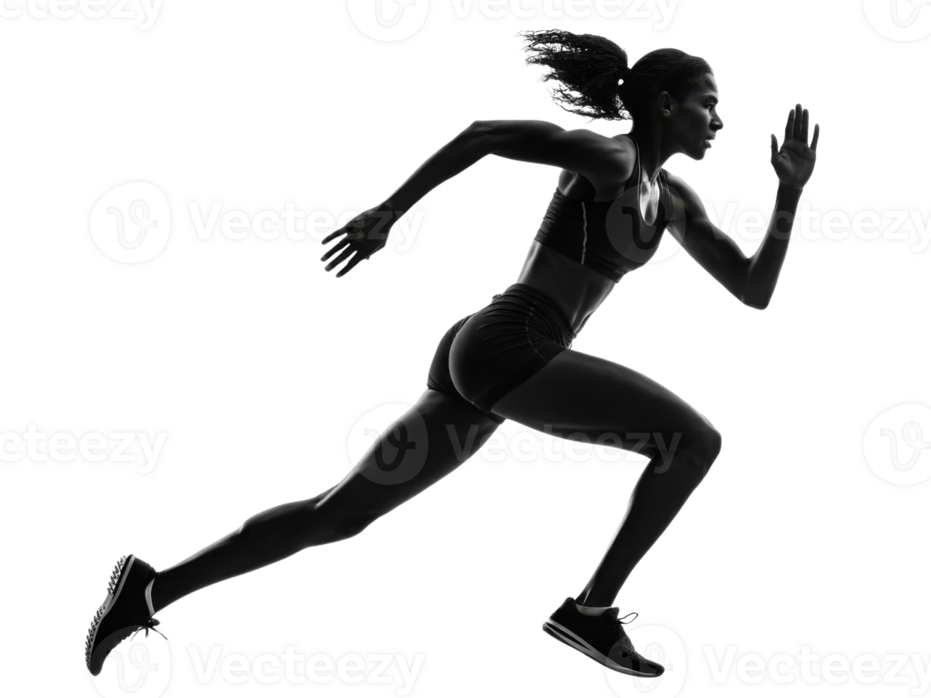 Running woman silhouette in motion, showcasing athleticism and speed png