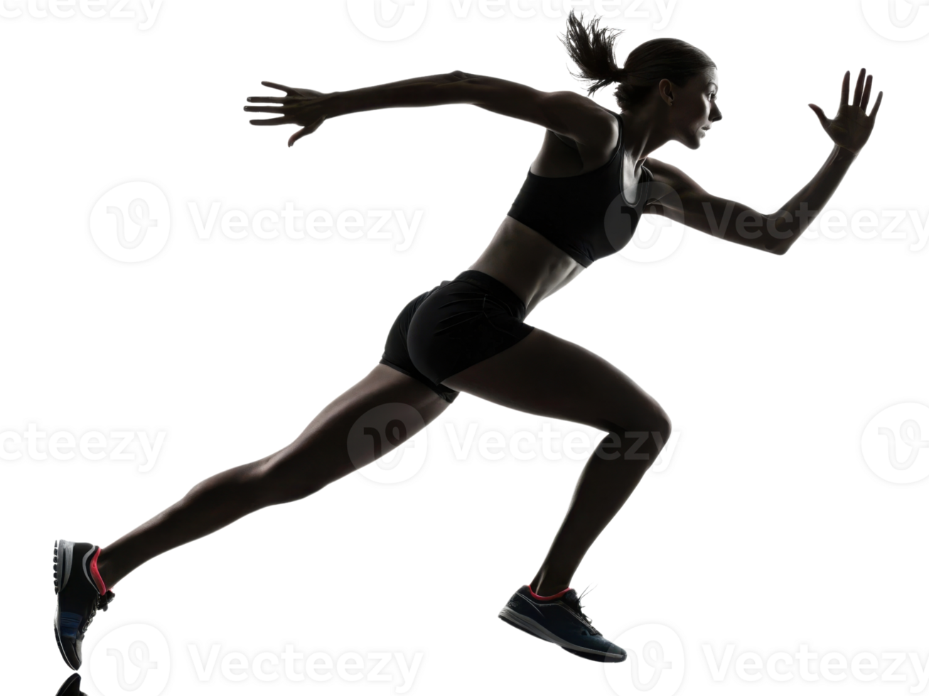 Dynamic silhouette of female runner in motion, showcasing athleticism and speed . png