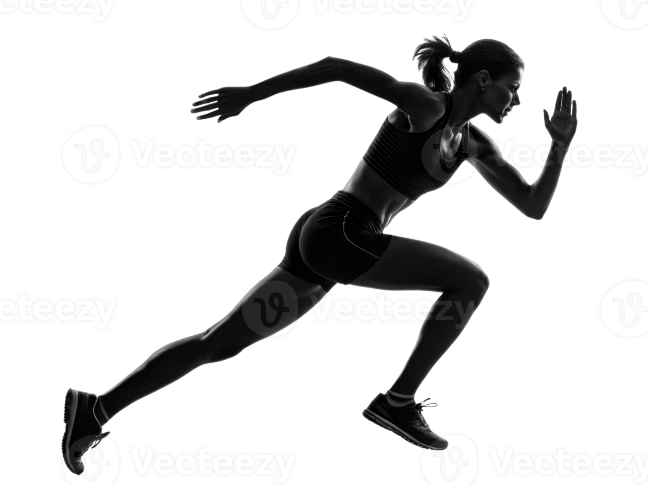 Dynamic silhouette of female runner in motion, showcasing athleticism and speed. png
