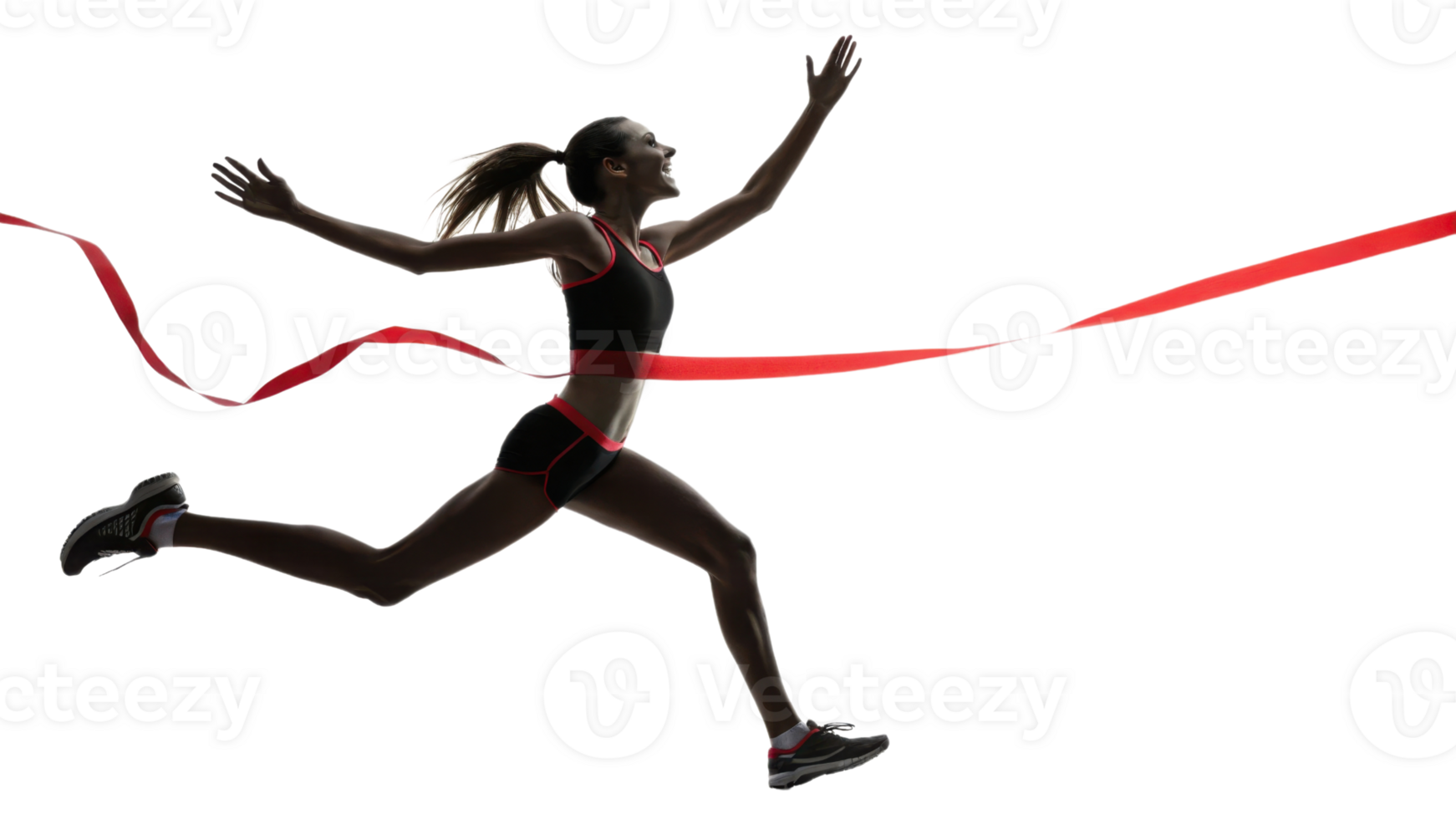 dynamic female runner crossing finish line with red ribbon, showcasing determination and victory png