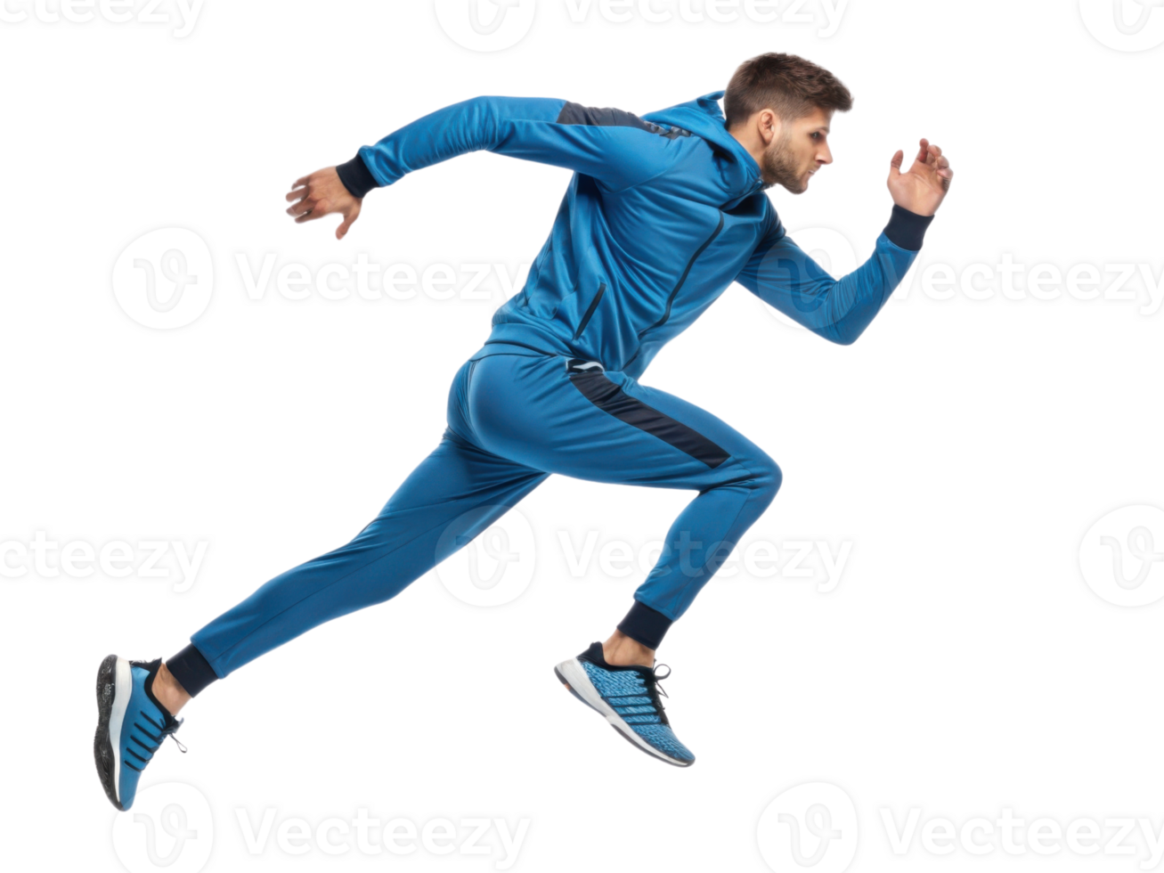 man in blue tracksuit running energetically, showcasing athleticism and speed png