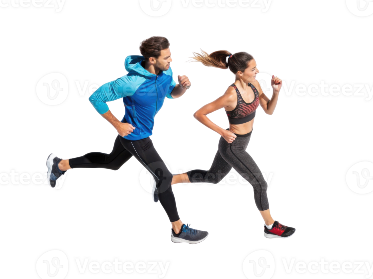 Active couple running together in athletic wear, showcasing fitness and teamwork png
