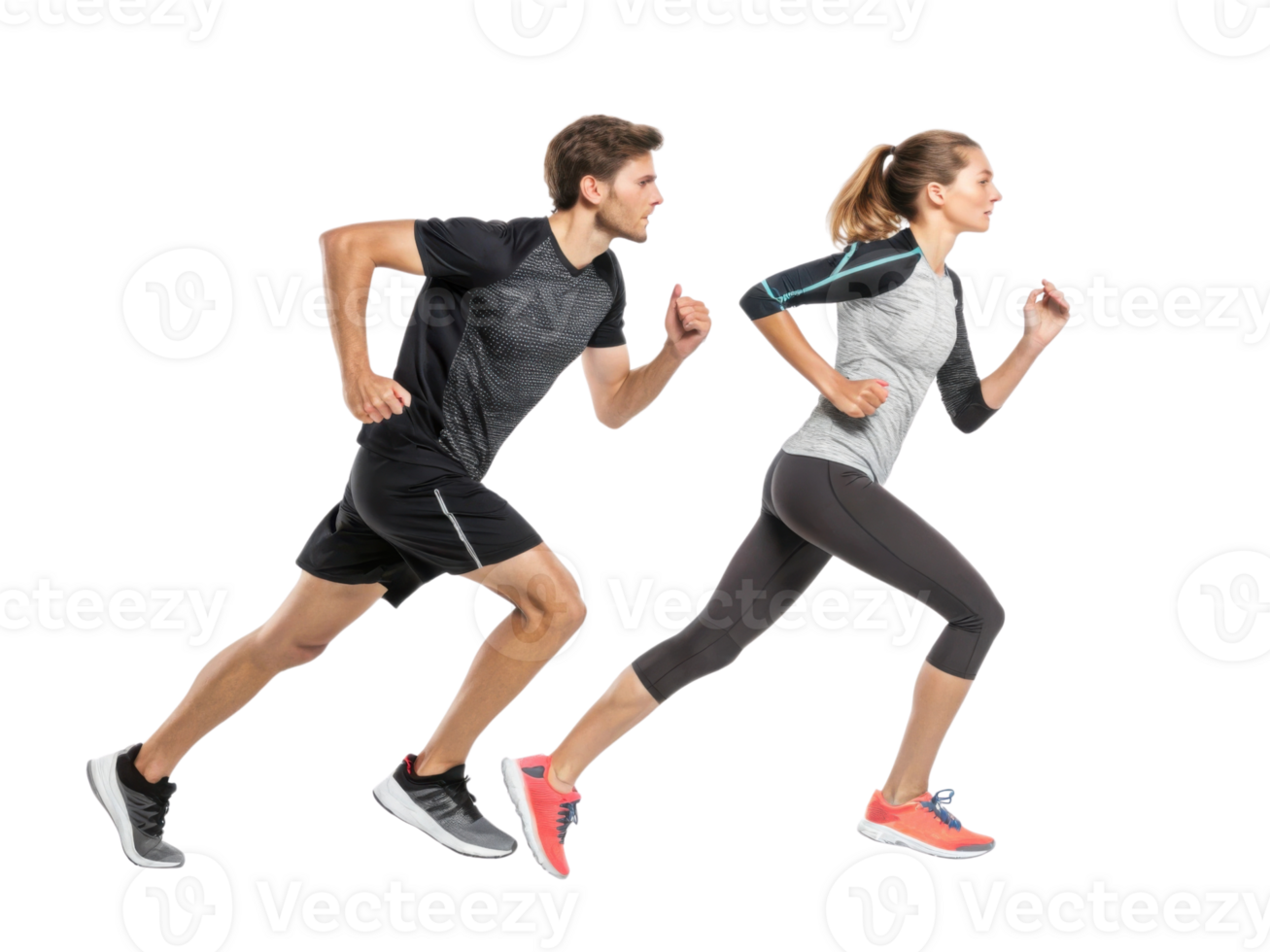 Running man and woman in athletic wear, focused on fitness and health png