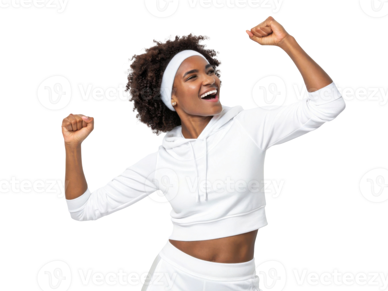 Joyful woman celebrating in athletic wear, showing enthusiasm and energy png