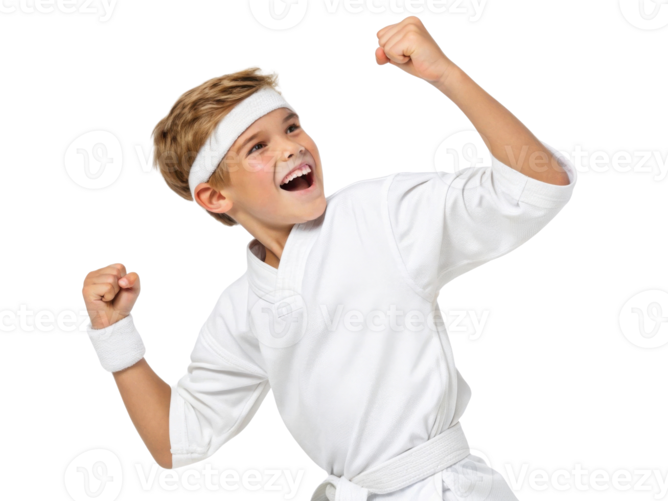 joyful boy in white karate uniform celebrating victory with raised fists png