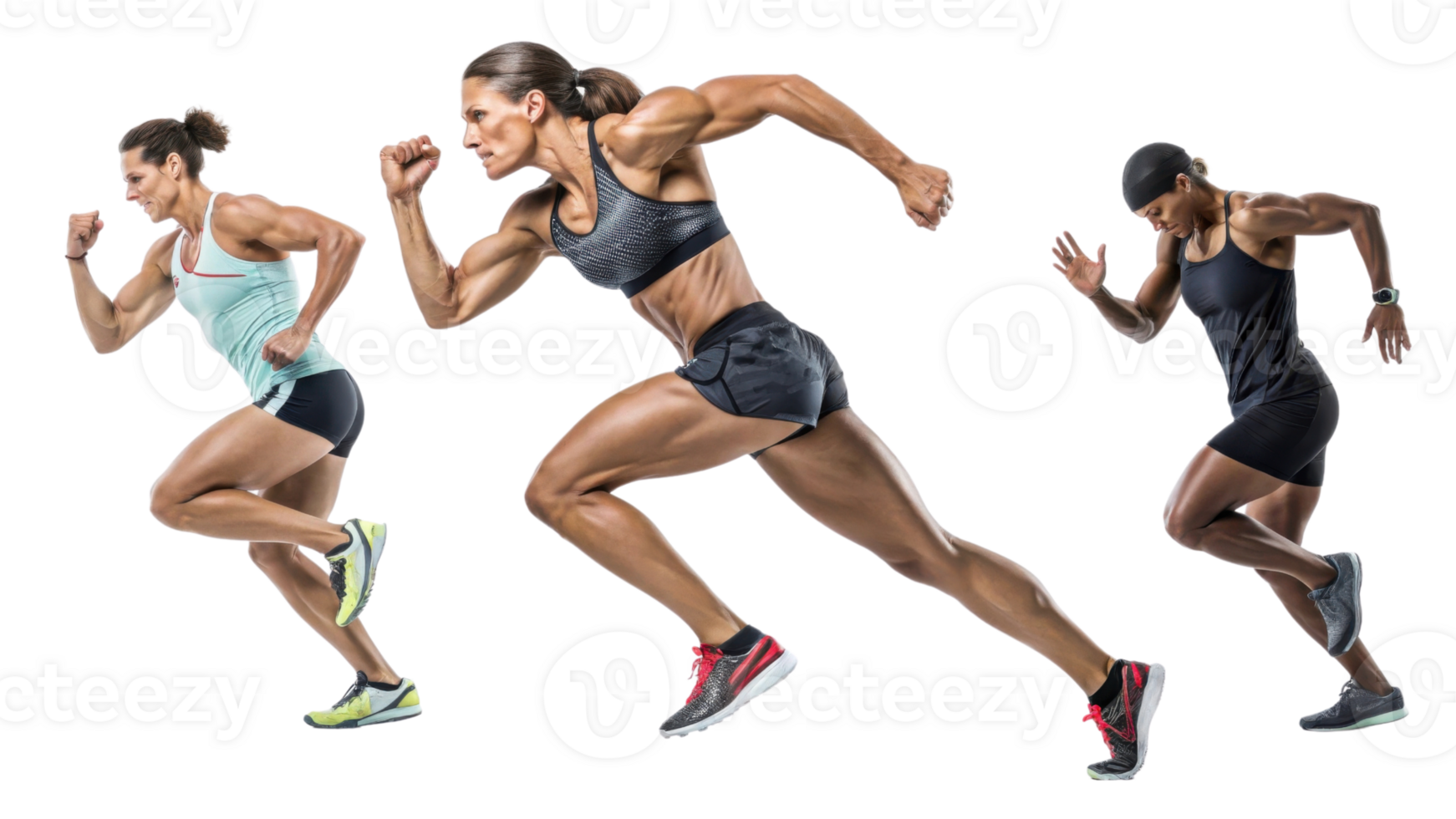 Dynamic athletes sprinting in various athletic outfits, showcasing strength and speed png