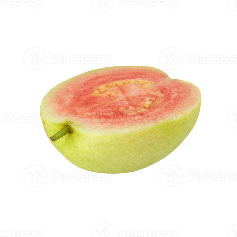 Fresh guava slice with pink flesh and green skin, showcasing its juicy texture and vibrant color png