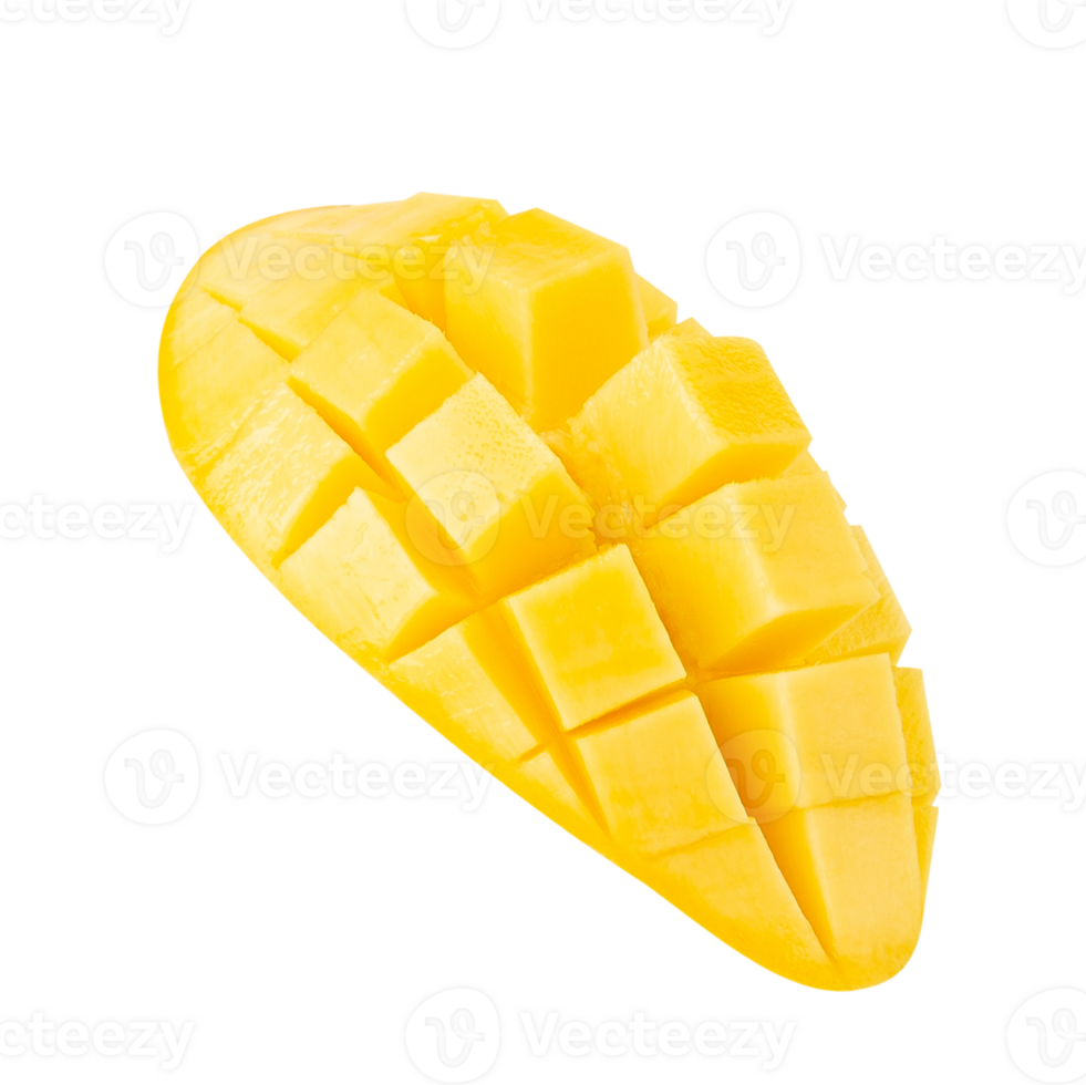 Fresh mango with vibrant yellow flesh, cut into cubes for easy eating png