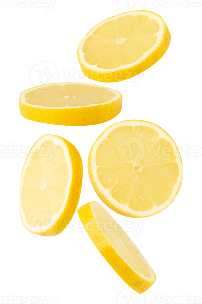 Fresh lemon slices floating in air, showcasing vibrant yellow color and juicy texture png