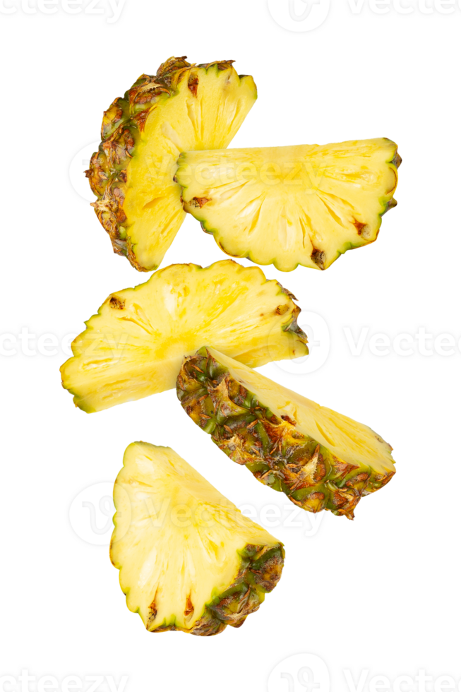 Fresh pineapple slices arranged beautifully, showcasing vibrant yellow color and textured edges, perfect for tropical dishes png