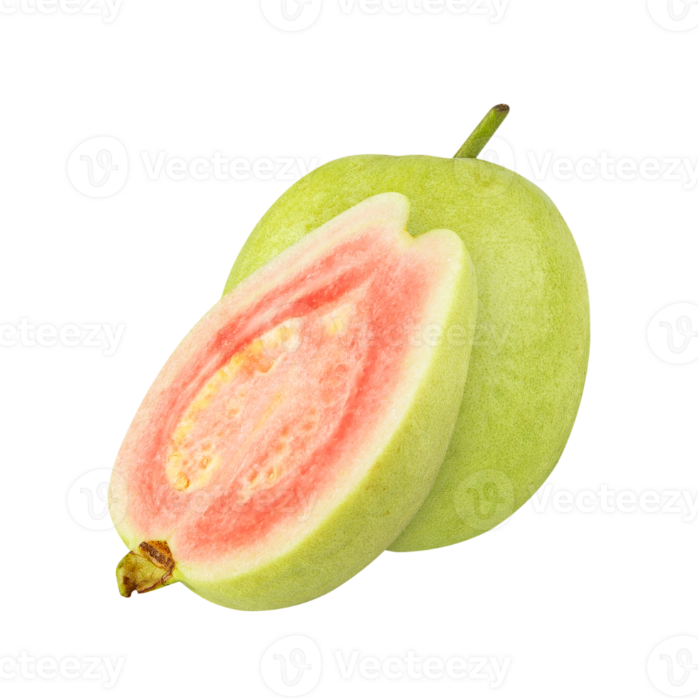 Fresh guava fruit, sliced in half, showcasing its pink interior and green skin png